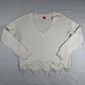 GUESS Cream Chunky Knit V-Neck Sweater Large Frayed Fringe Hem Grunge Y2K Edgy